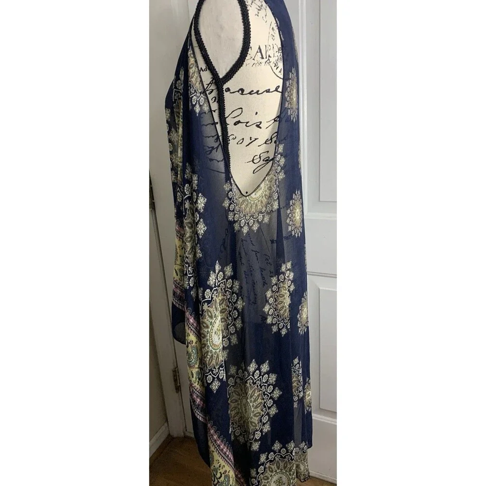 Scarf Vest Long Flowy Sleeveless Navy Print Silky One Size Boho Asymetrical